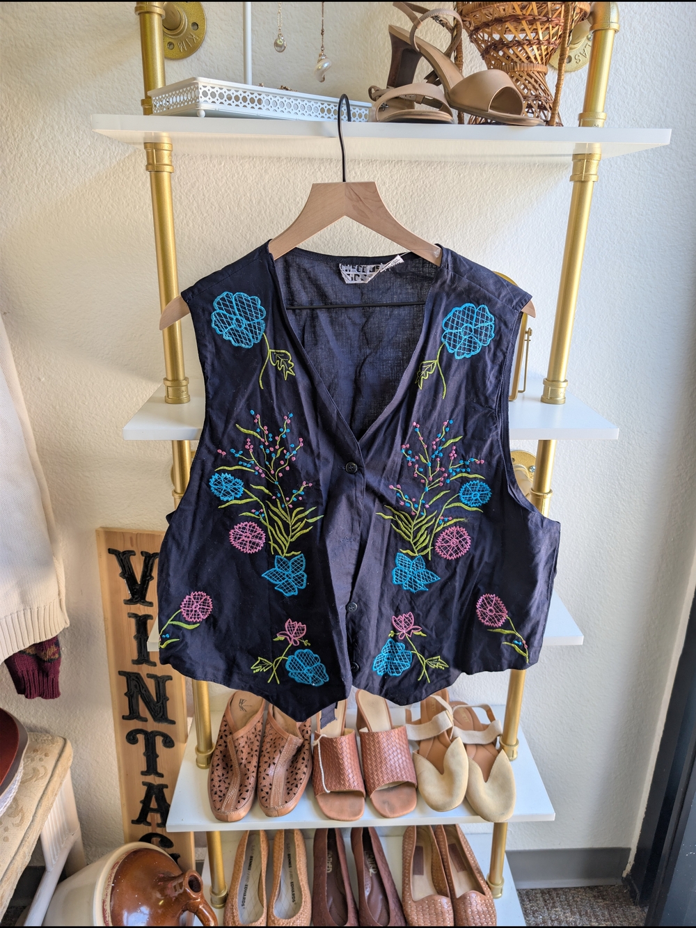 Vintage Embroidered Floral Black Vest with Turquoise & Pink Accents